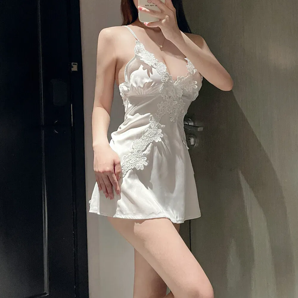 Color: WHITE, Size: L - Tank Mini Dress Fashion Korean 2023 New Sweet Lingerie Sexy V Neck Satin Lace Backless Strap Dress Elegant Tops Lace Sheer UZ38