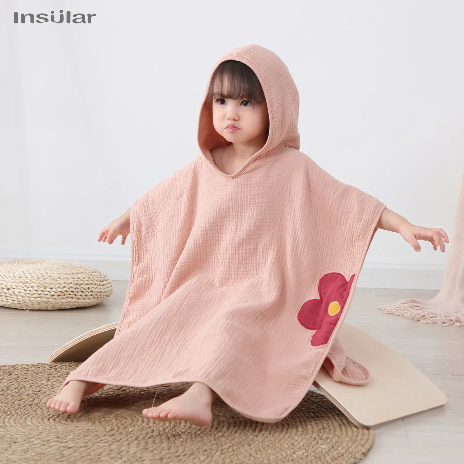 Color: Blue - Muslin Baby Hooded Poncho Towel Children's Hooded Bath Towel Soft Kids Beach Bathing Stuff Infant Washcloth