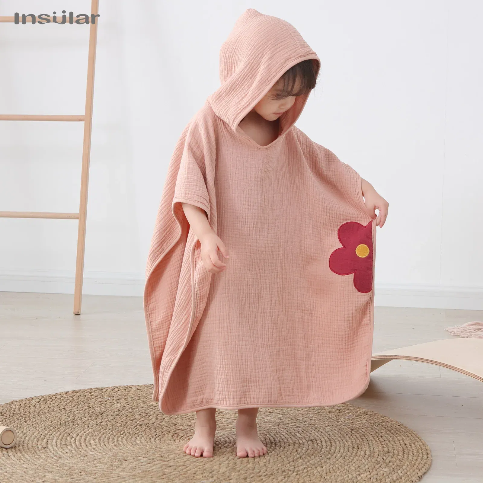 Color: Blue - Muslin Baby Hooded Poncho Towel Children's Hooded Bath Towel Soft Kids Beach Bathing Stuff Infant Washcloth