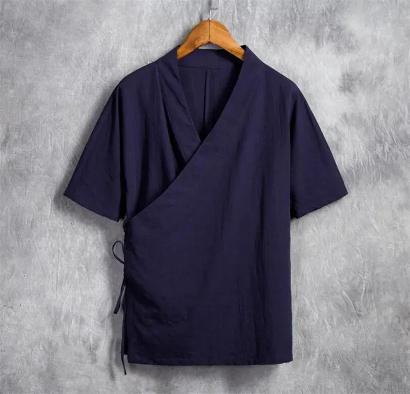 Color: Navy Blue, Size: M - Men Cotton Linen Short sleeve Kung Fu Shirt Classic Chinese Style Tang Clothing Size M-6XL