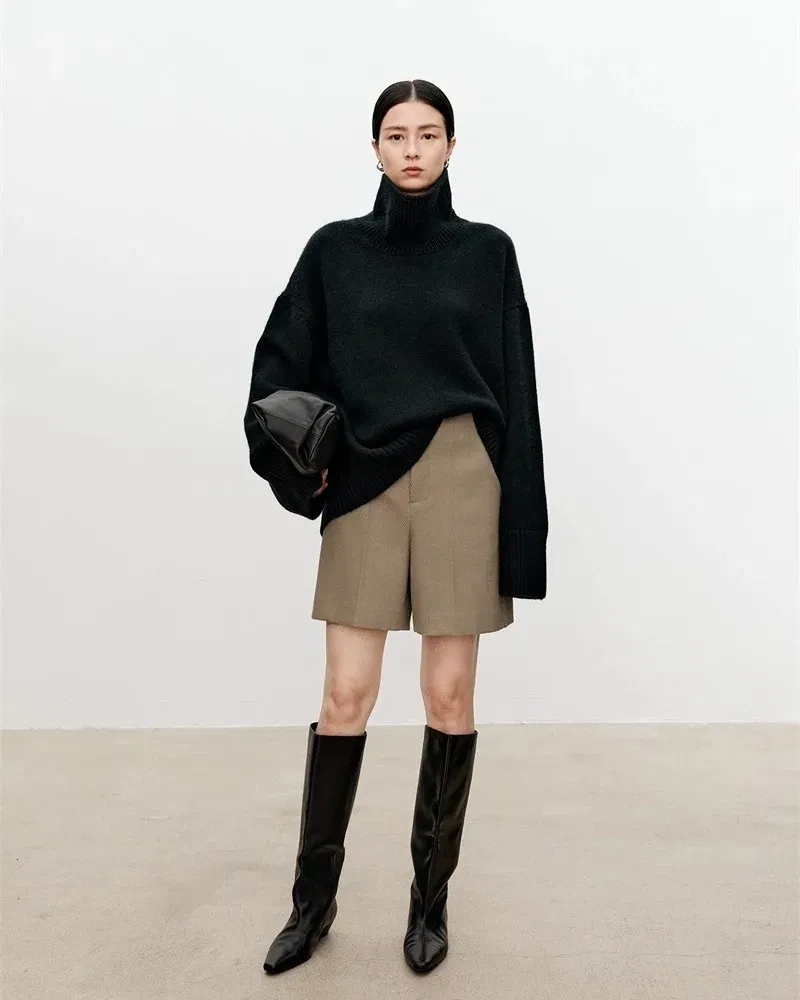Color: SKY BLUE, Size: M, Ships From: CHINA - Turtleneck pure cashmere sweater female loose and thick languid lazy wind pullover sweater knitting base WOOL sweater