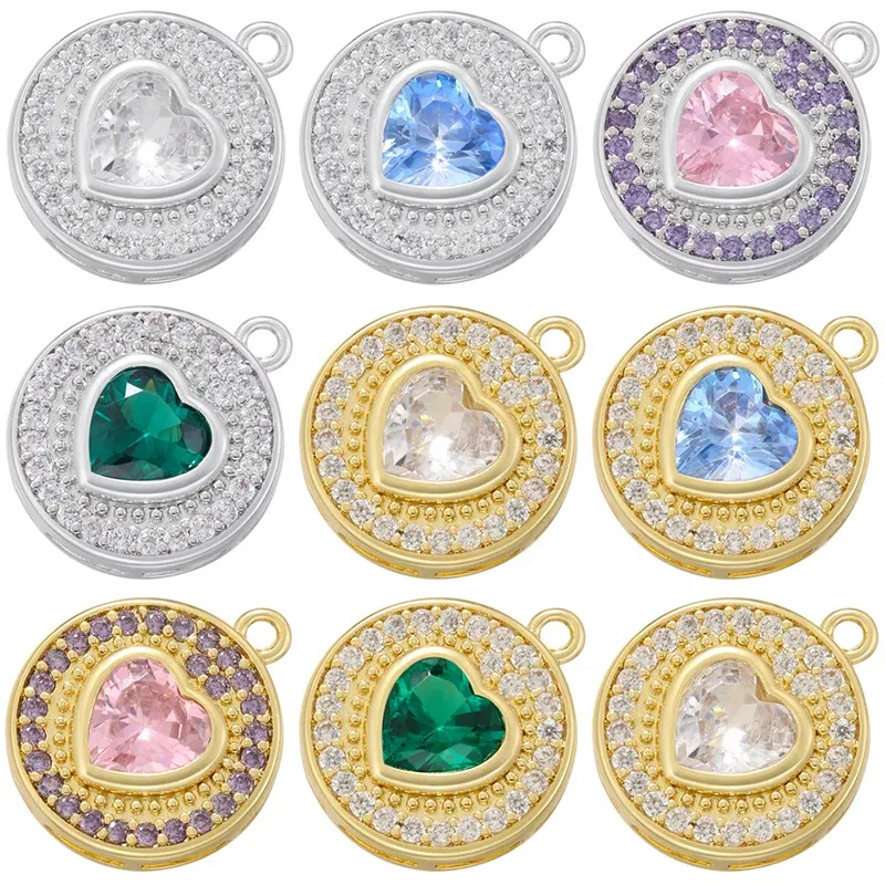 Metal color: Rhodium Plated - ZHUKOU Round jewelry pendants Pink Heart Cubic Zirconia charms for jewelry making Brass accessories Supplies for jewelry VD1357