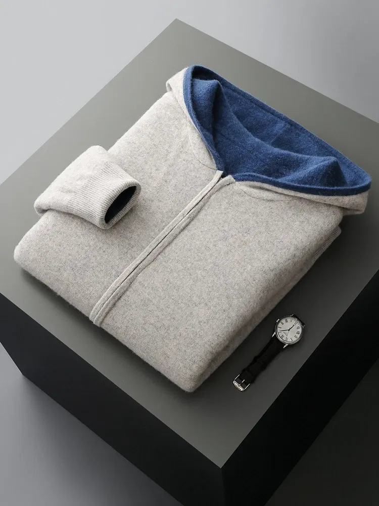 Color: Light Grey, Size: XXL - Reversible Men's Wool Cardigan Sweater Autumn Winter Hooded Solid 100% Merino Wool Knitted Casual Simple Man Jackets Thick Warm