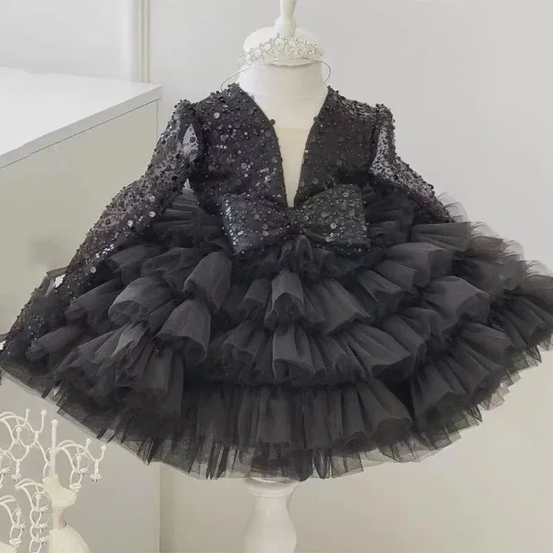 Kid Size: 2T, Color: Brown - 2-12 years old sequin long-sleeved dress girl puffy dress girl lace birthday wedding flower girl bow performance dress