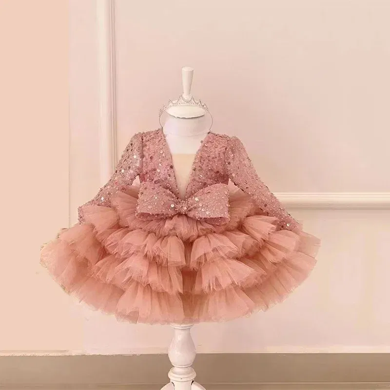 Kid Size: 2T, Color: Brown - 2-12 years old  sequin long-sleeved dress girl puffy dress girl lace birthday wedding flower girl bow performance dress