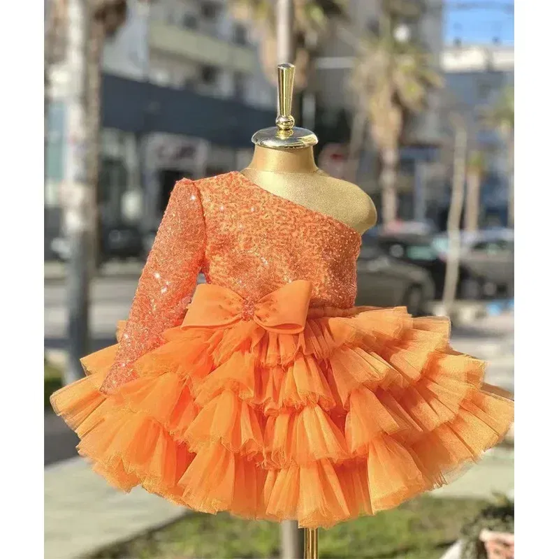 Kid Size: 2T, Color: Brown - 2-12 years old sequin long-sleeved dress girl puffy dress girl lace birthday wedding flower girl bow performance dress