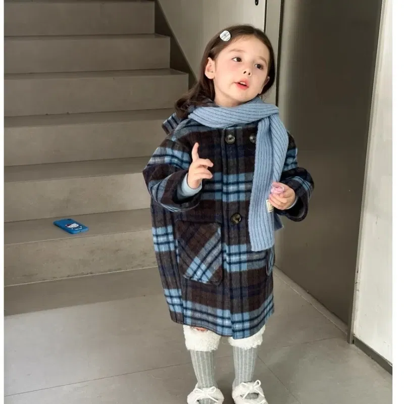 Color: Blue, Kid Size: 8T - Children's Coats Plaid Printed Woolen Padded Hooded Coat Kids Jackets for Girls Winter Clothes Kids Jacket