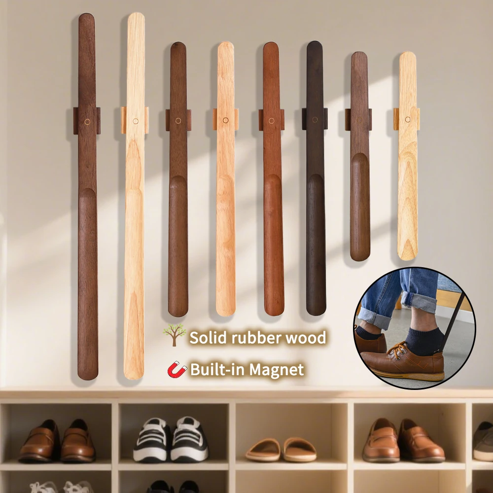 Color: Beige - 40/55/70cm Premium Rubber Wood Magnetic Shoe Horn - No Bending Needed, Elegant Shoe Helper