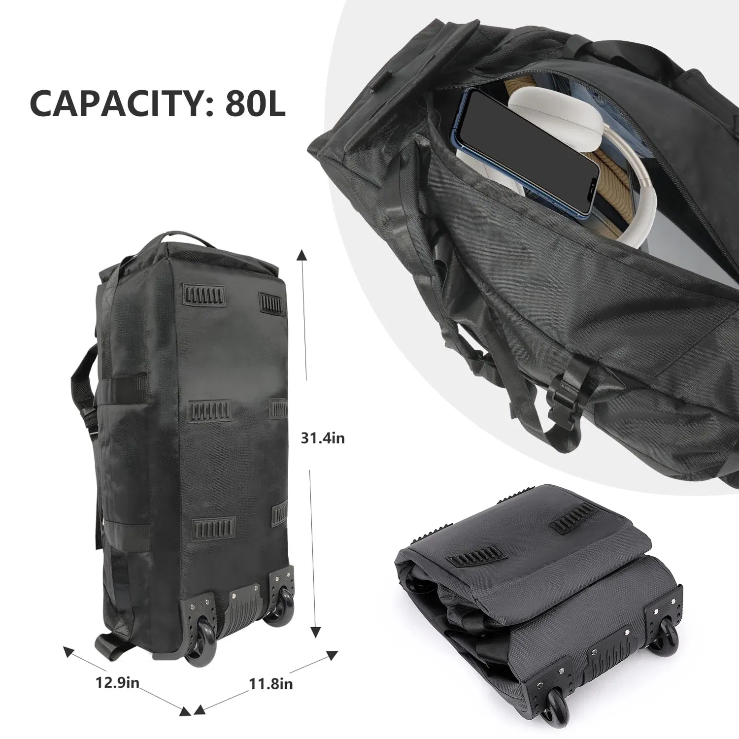 Color: Blue - 80L Rolling Duffle Bag with Wheels 31" Heavy-Duty Foldable Travel Duffel Bag Water-Resistant Wheeled Luggage with Shoulder Strap