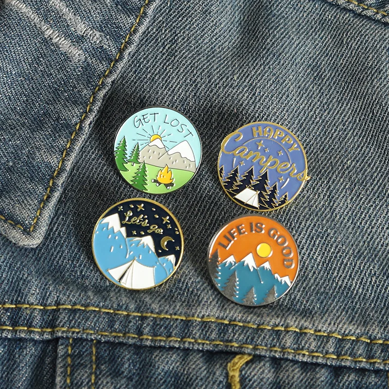 Metal color: BRASS PLATED - Travel Brooch Field Crossing Hiking Scenery Snow Scene Mountain Peak Alloy Clothing Accessories Backpack Brooch Badge Lapel Pins
