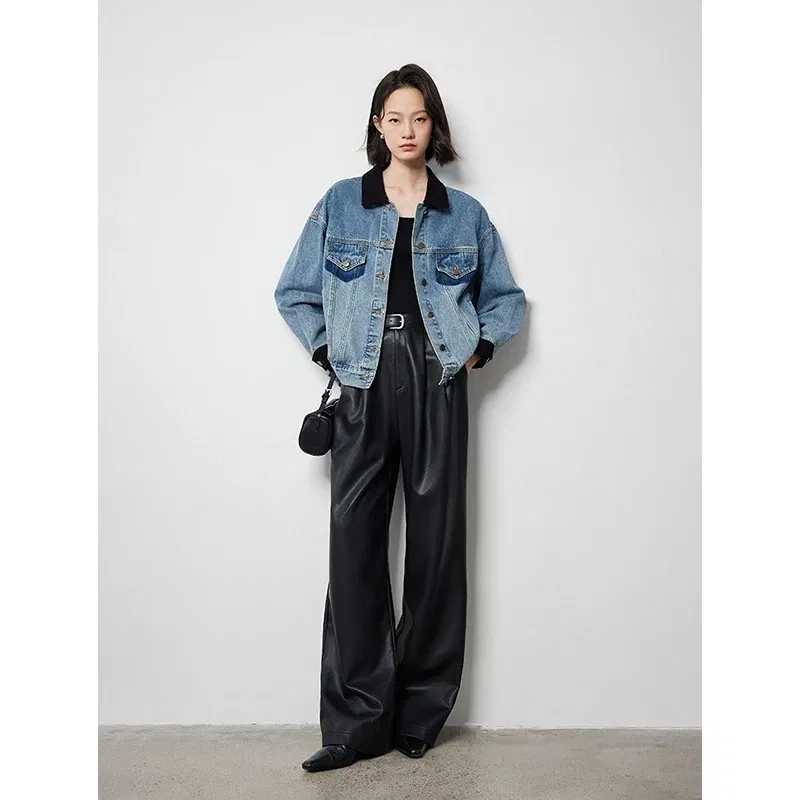 TOYOUTH Women Denim Jacket 2024 Autumn New Contrasting Color Washed Boyfriend Streetwear Outwear Jacket