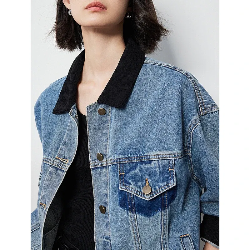 TOYOUTH Women Denim Jacket 2024 Autumn New Contrasting Color Washed Boyfriend Streetwear Outwear Jacket