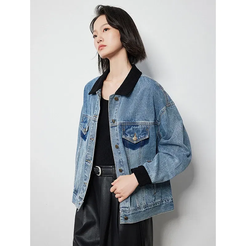 TOYOUTH Women Denim Jacket 2024 Autumn New Contrasting Color Washed Boyfriend Streetwear Outwear Jacket