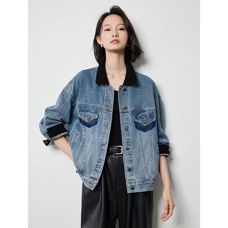 TOYOUTH Women Denim Jacket 2024 Autumn New Contrasting Color Washed Boyfriend Streetwear Outwear Jacket