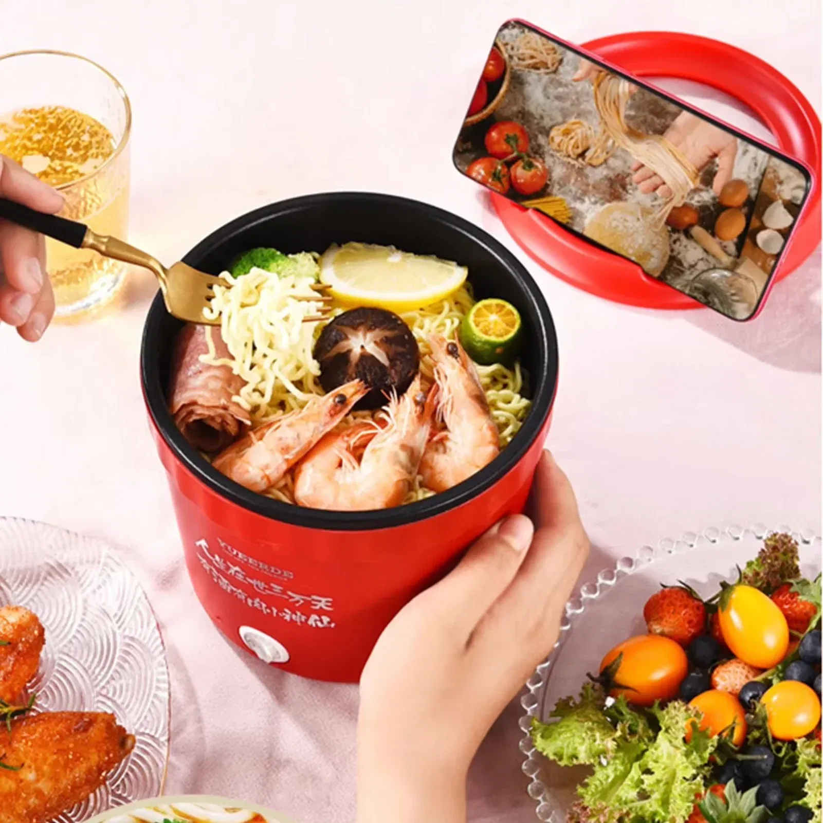 Color: Red - Small Household Multifunctional All-In-One Pot Electric Noodle Cooking Pot Egg Omelette Frying Pan Mini Hotpot Baby Food Stew