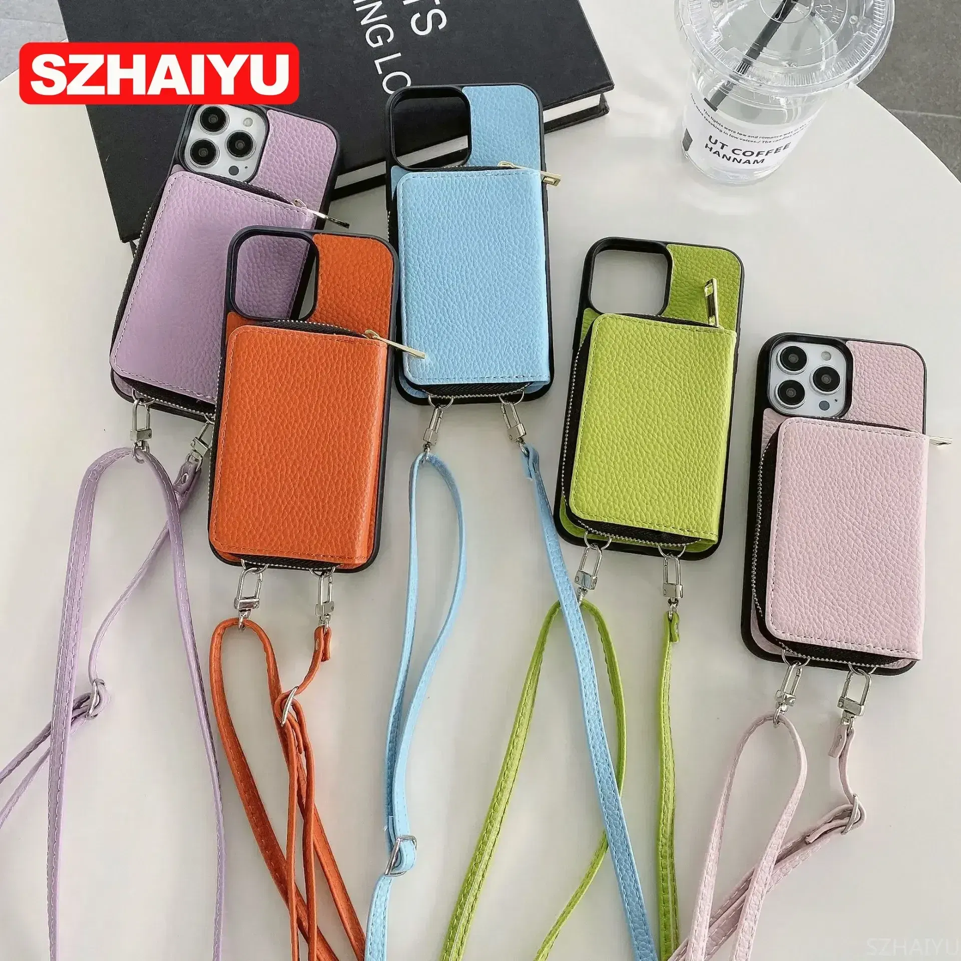 Material: tpu, Color: Brown - Zipper Wallet Phone Case For iPhone 16 15 14 13 12 Mini 11 Pro XS Max X Plus Card Slot Holder Crossbody Lanyard Leather Cover