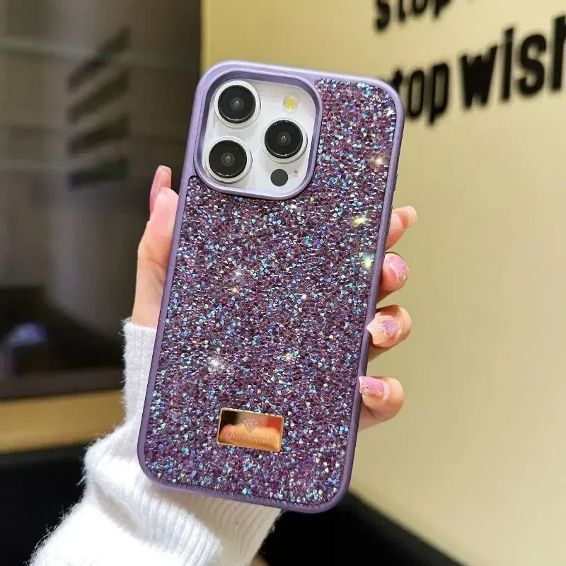 Material: Denim, Color: black - Luxury INS Dazzling Full Covered Zircon Macaroon Color Phone Case for iPhone 16 15 14 11 12 13 Pro Max Plus Back Cover