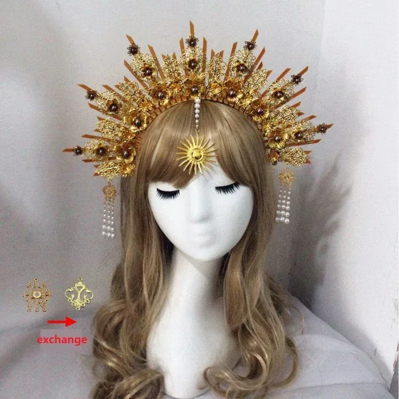 Color: black - MATERIAL PACKAGE Sunburst Goddess Gold Spike Mary Halo Crown Headpiece NYLON ZIP TIE Wedding Bride Hair Band Tiar