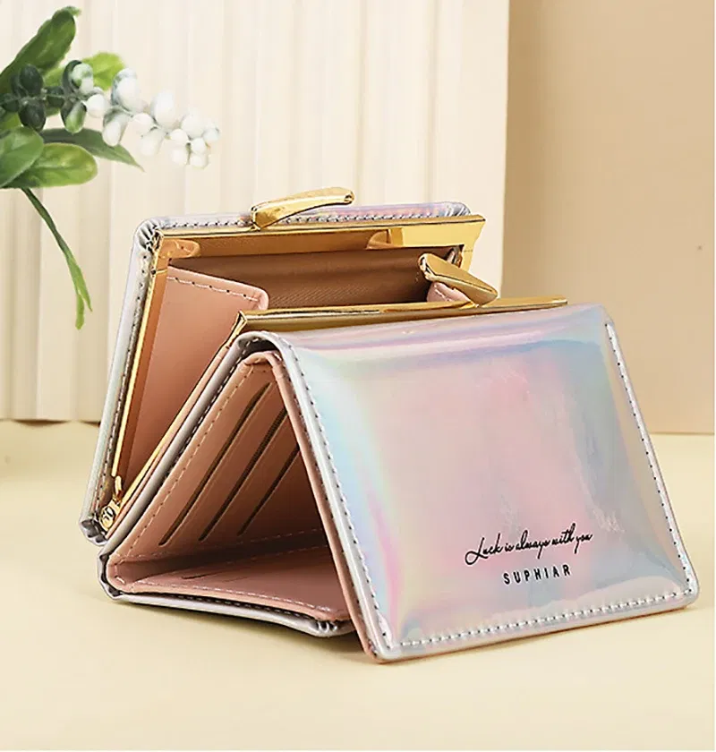 Color: Pink - Women'sWallets Fashion Rainbow Credit Card Holder Purses with Coin Pocket for Women Portable Short PU Leather Cute Wallet