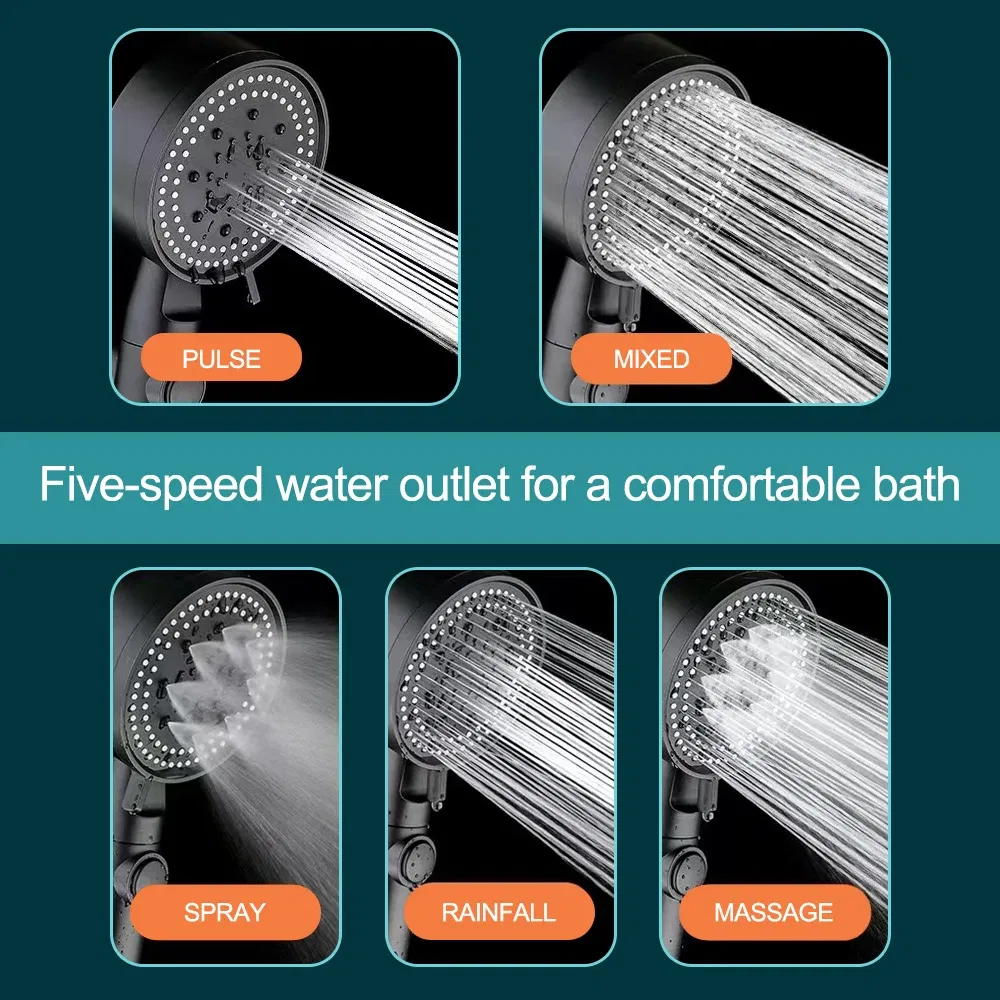 Color: Yellow - High Pressure Shower Head 5 Modes Adjustable Showerheads with Hose Water Saving One-Key Stop Spray Nozzle Bathroom Accessories