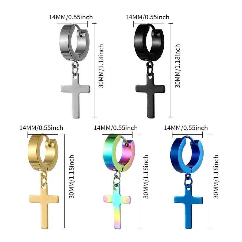 2pcs Punk Stainless Steel Cross Pendant Hoop Earrings For Men Women, Huggie Ear Rings Hip Hop Male Jewelry Gift