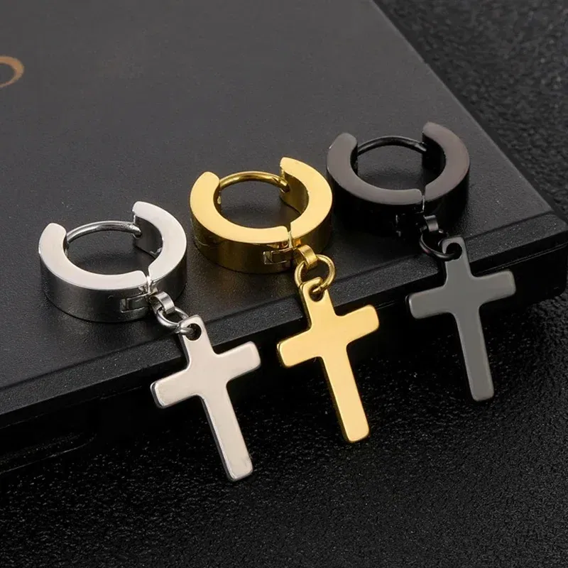 2pcs Punk Stainless Steel Cross Pendant Hoop Earrings For Men Women, Huggie Ear Rings Hip Hop Male Jewelry Gift