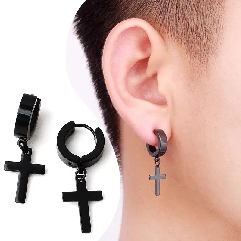 2pcs Punk Stainless Steel Cross Pendant Hoop Earrings For Men Women, Huggie Ear Rings Hip Hop Male Jewelry Gift