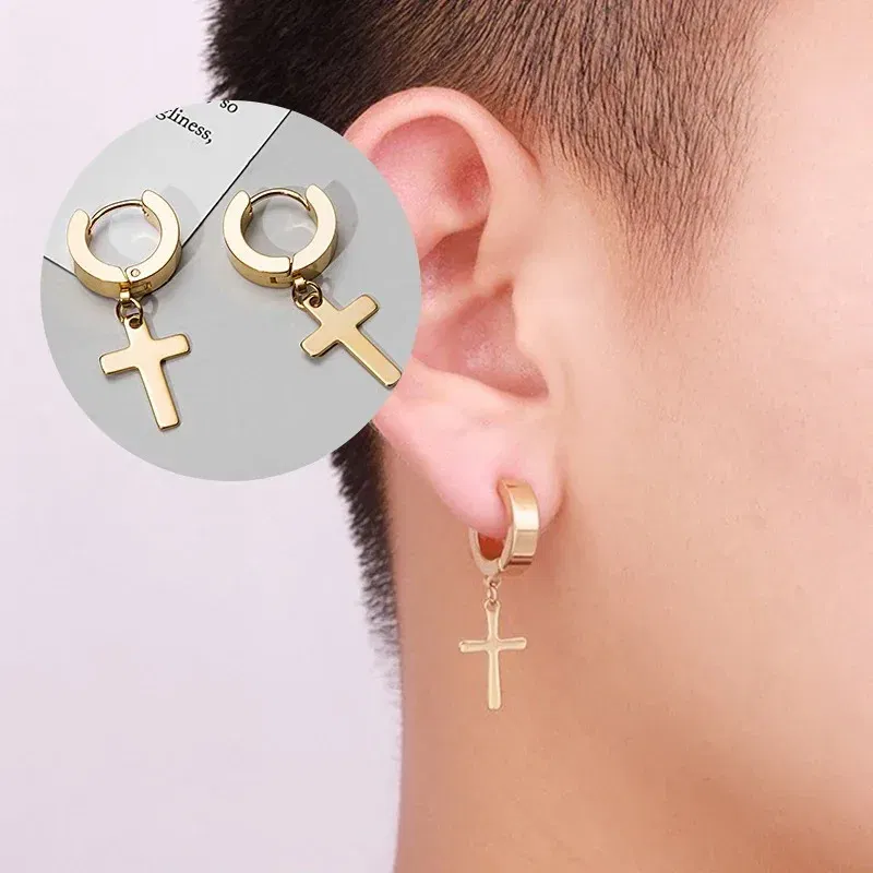 2pcs Punk Stainless Steel Cross Pendant Hoop Earrings For Men Women, Huggie Ear Rings Hip Hop Male Jewelry Gift