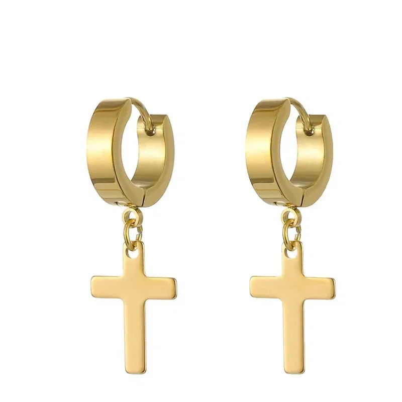 2pcs Punk Stainless Steel Cross Pendant Hoop Earrings For Men Women, Huggie Ear Rings Hip Hop Male Jewelry Gift