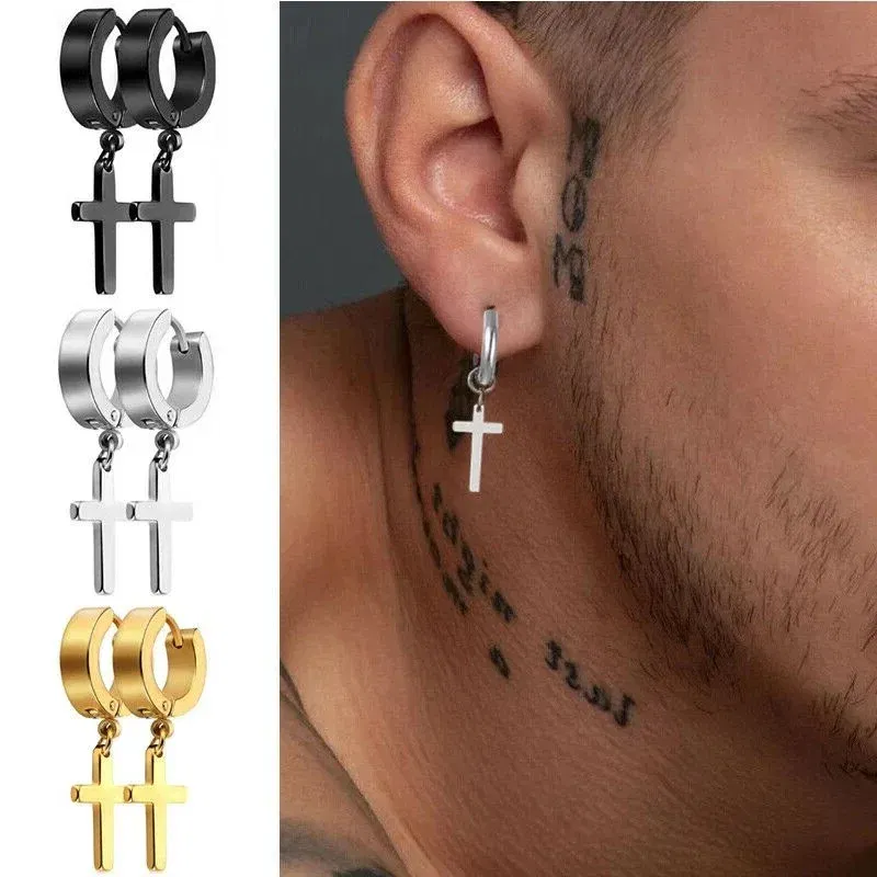 2pcs Punk Stainless Steel Cross Pendant Hoop Earrings For Men Women, Huggie Ear Rings Hip Hop Male Jewelry Gift