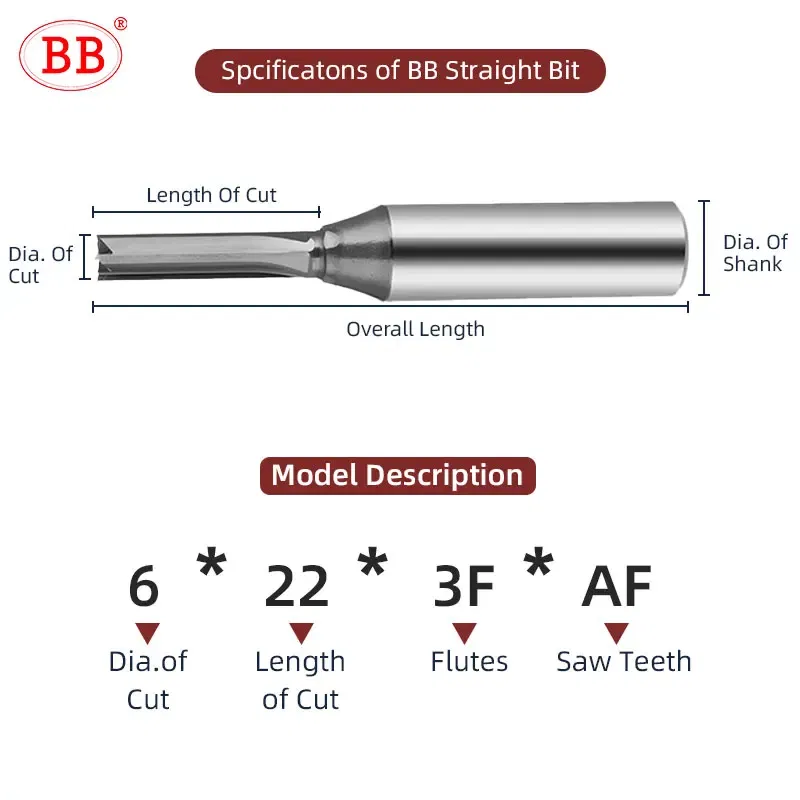 Cutting Edge Length: 8mm, Dimensions: 3.175*1*3 - BB Straight Slot Milling Cutter CNC Wood Engraving Machine Mill Rough Shape TCT Coated Edge D 6mm 8mm 2T 3T 4F Shank 1/2 12.7mm