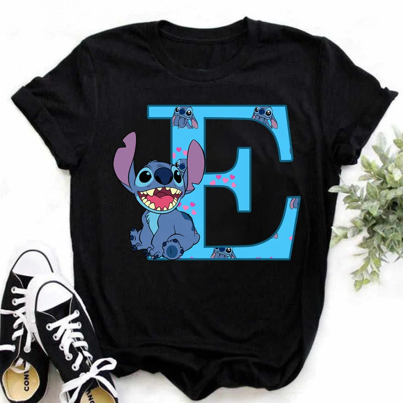 Color: GRAY, Size: M - Disney Lilo&Stitch A-Z Alphabet Summer Women's Printed T-Shirt Women's Casual Tops T-Shirt Fashion Cartoon Plus Size T-Shirt