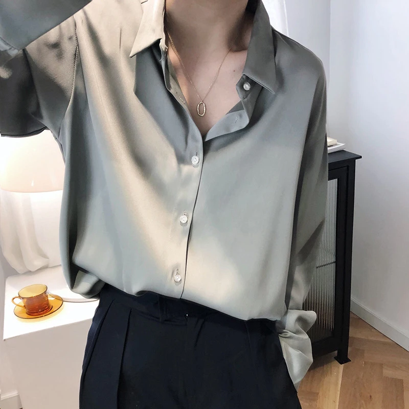 Color: Ivory, Size: XXL - All-match Satin Finish Shirts And Blouses Women Clothing Casual Top OL Long Sleeve Button Elegant Shirts French Solid Blouses