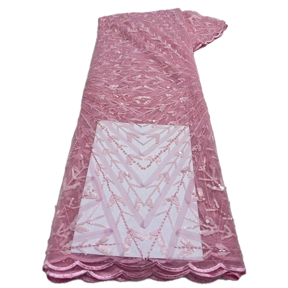 Color: pink, length: 5 yards, Width: 120cm - Wholesale African Sequins Beads Lace Fabric 2024 High Quality Lace Material French Nigerian Lace Fabrics For Women Party