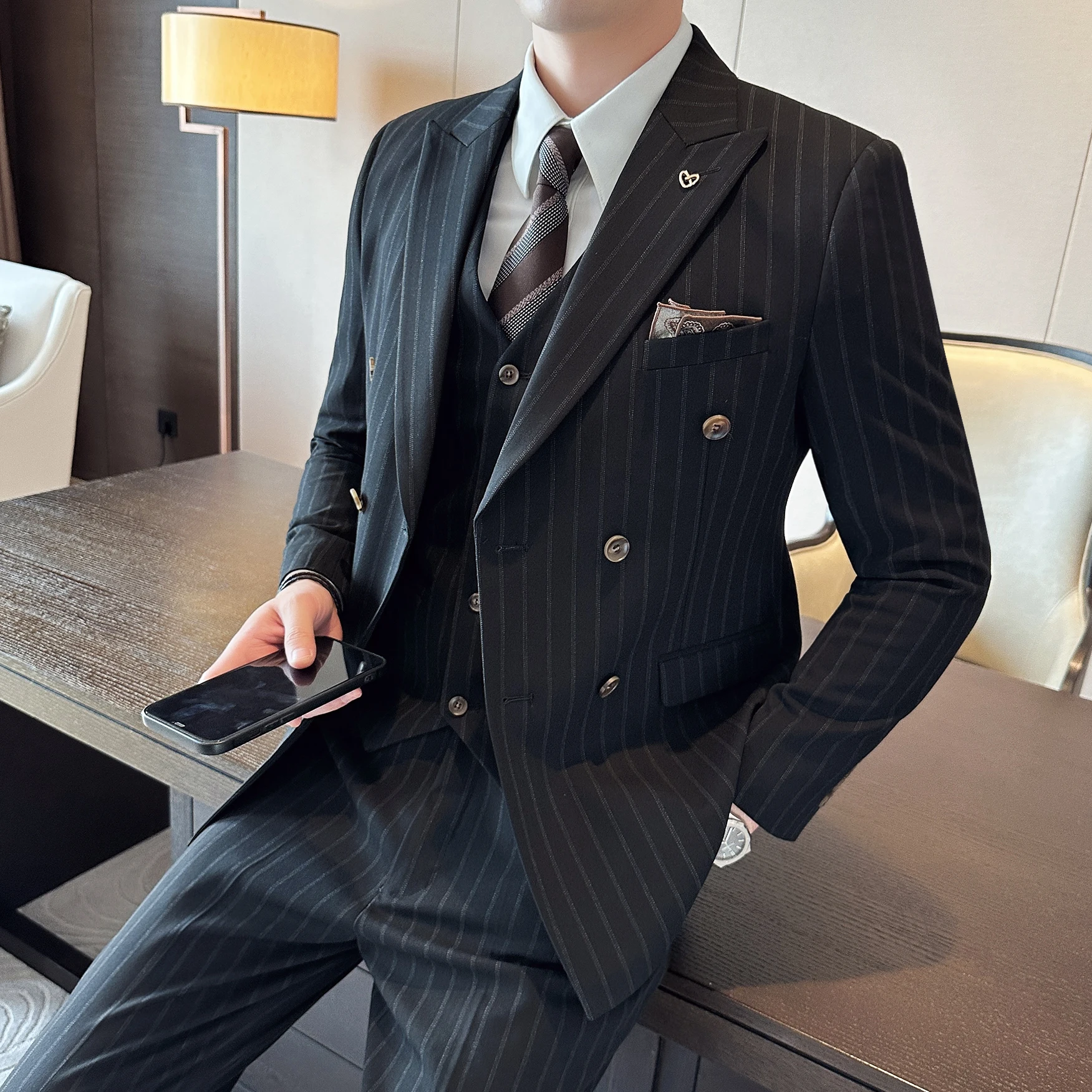 Color: black, Size: XXXL - 2025 Korean-Style British High-Quality Autumn Winter Three-Piece Suit Set Fashionable Cool Versatile Striped Men's Clothing