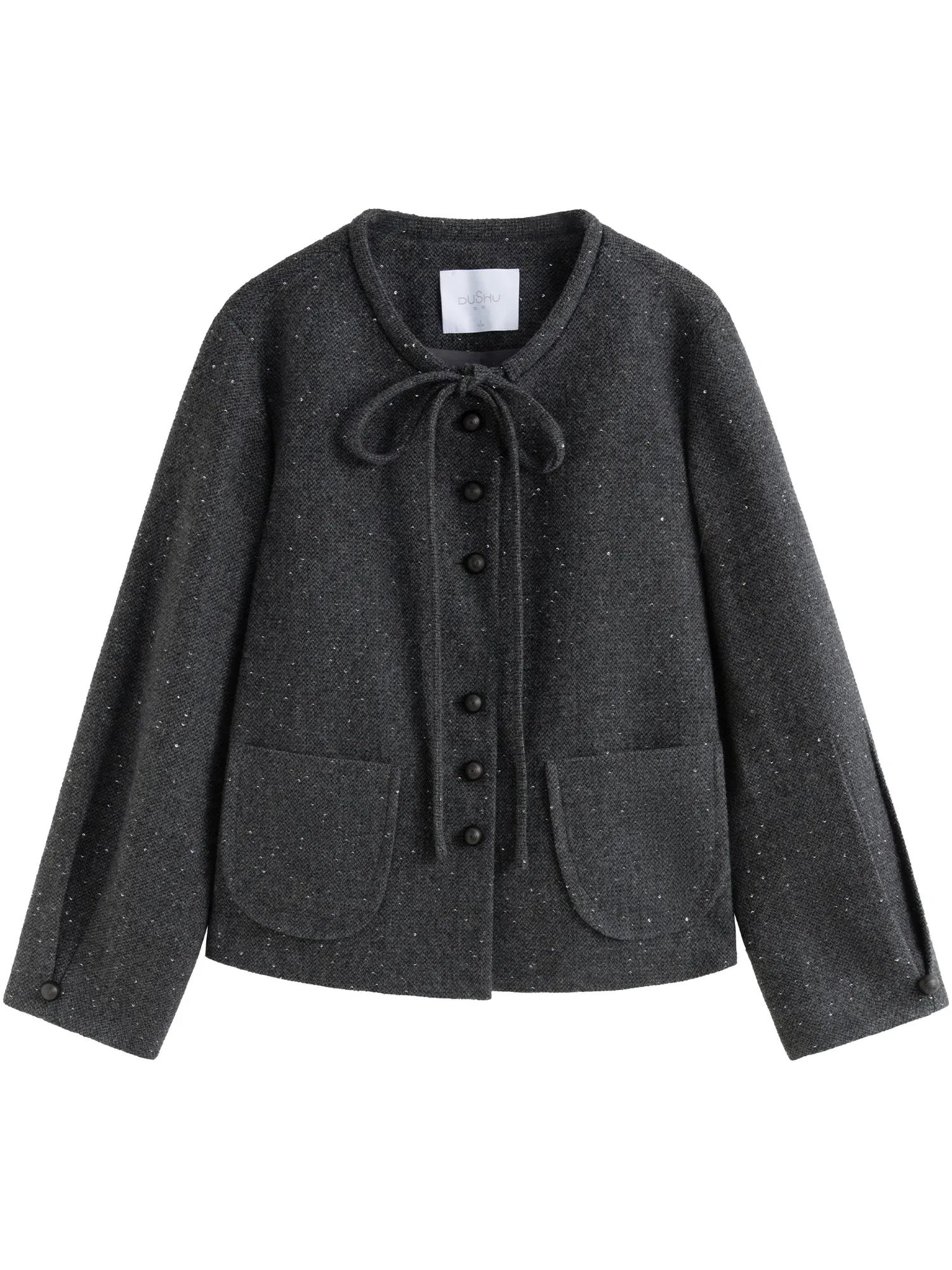 Color: GRAY, Size: M - DUSHU 27.7% Wool Women Grey Short Jackets Sequins Design Female Round Neck Front Shoulder Woolen Coats 24DS84647