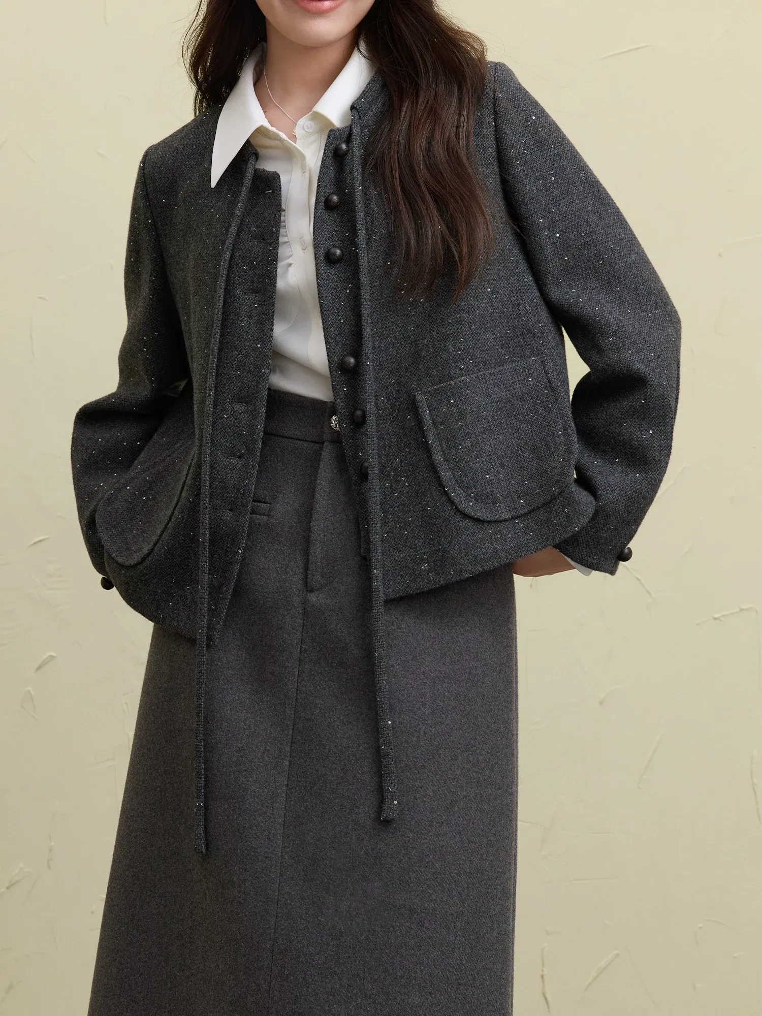 Color: GRAY, Size: M - DUSHU 27.7% Wool Women Grey Short Jackets Sequins Design Female Round Neck Front Shoulder Woolen Coats 24DS84647