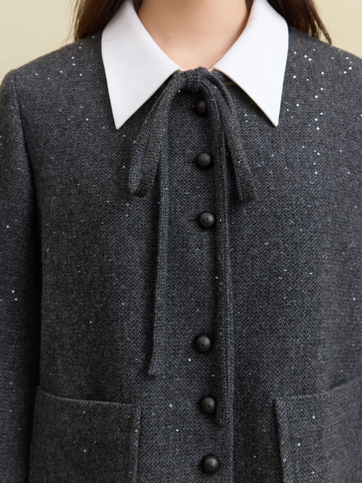 Color: GRAY, Size: M - DUSHU 27.7% Wool Women Grey Short Jackets Sequins Design Female Round Neck Front Shoulder Woolen Coats 24DS84647