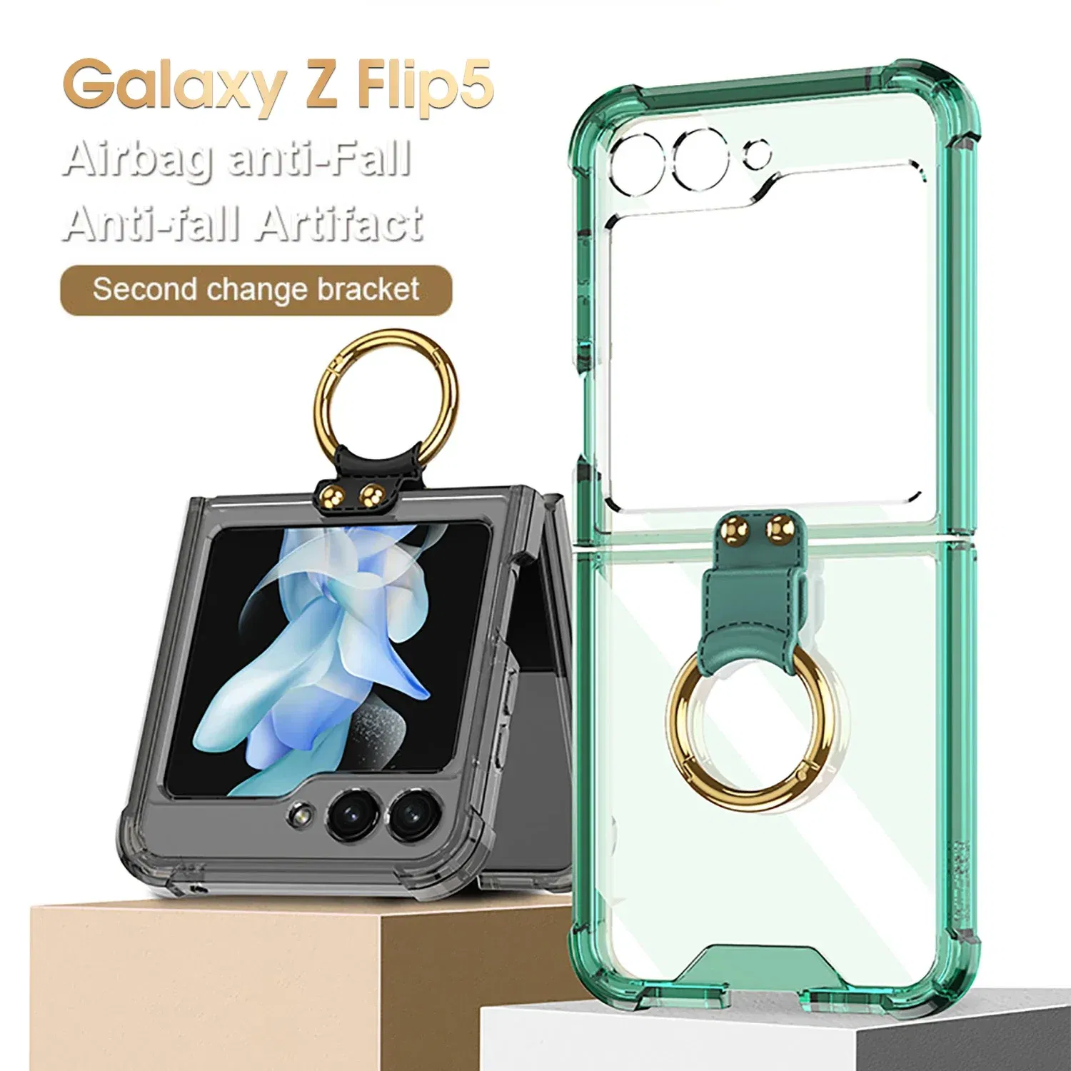 Material: Canvas, Color: Sky blue - Transparent Electroplated Airbag Ring Phone Case for Samsung Galaxy Z Flip 5 4 3 5G Flip5 Flip4 Flip3 5G Stand Shockproof Cover