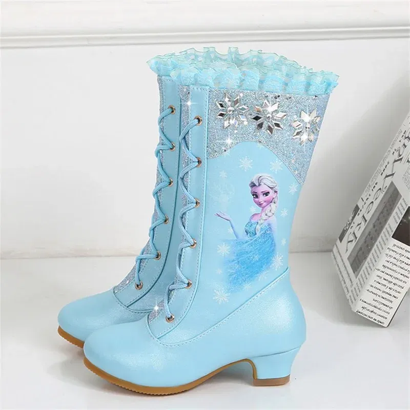 Color: Blue, Shoe Size: 25.5 - Disney Girls' Leather Boots Winter Frozen Boots Side Zipper High Plush Princess Elsa Boots Warm Children's Boots Size 27-37