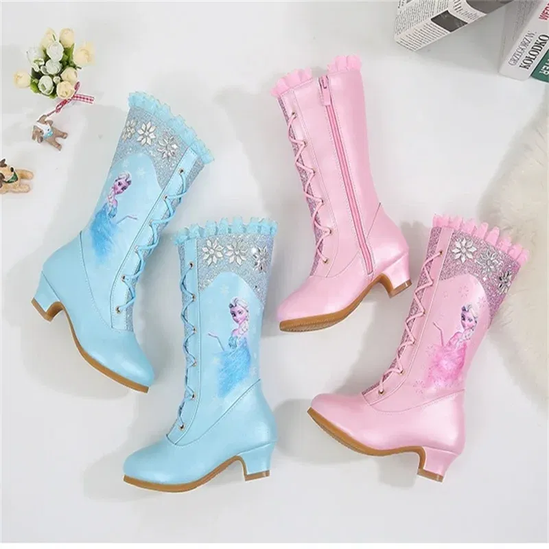 Color: Blue, Shoe Size: 25.5 - Disney Girls' Leather Boots Winter Frozen Boots Side Zipper High Plush Princess Elsa Boots Warm Children's Boots Size 27-37