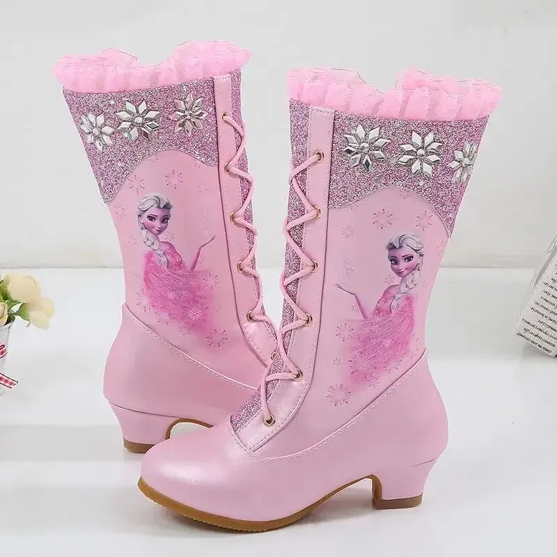 Color: Blue, Shoe Size: 25.5 - Disney Girls' Leather Boots Winter Frozen Boots Side Zipper High Plush Princess Elsa Boots Warm Children's Boots Size 27-37