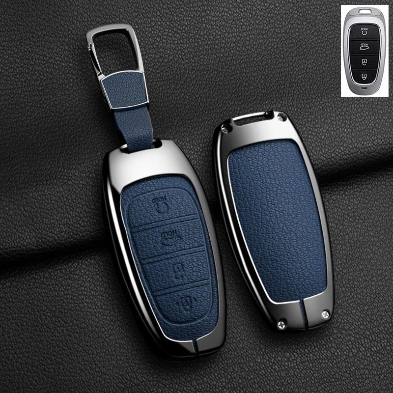 Color Name: ROYAL BLUE - New Auto Alloy Car Key Case Cover Fob for Hyundai Solaris Sonata Hybrid NEXO NX4 New Grand Santa Fe Tucson 2020-2024 Accessories