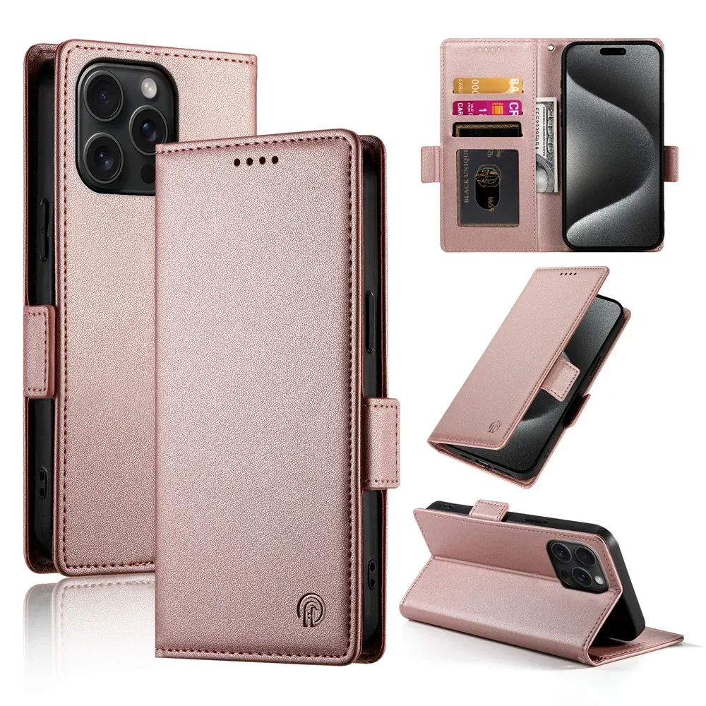 Color: Pink, Material: POLYESTER - PU Leather Flip Phone Case For iPhone 16 15 Pro Max 16E 14 13 1211 XS Max XR X 8 7 Plus SE KickStand Cards Solt Wallet Cover