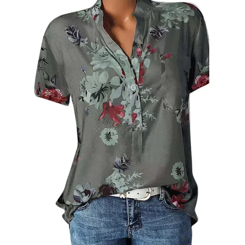 Color: Khaki, Size: M - Temperament new women's shirt printing large size casual shirt loose V-neck short-sleeved shirt blouse