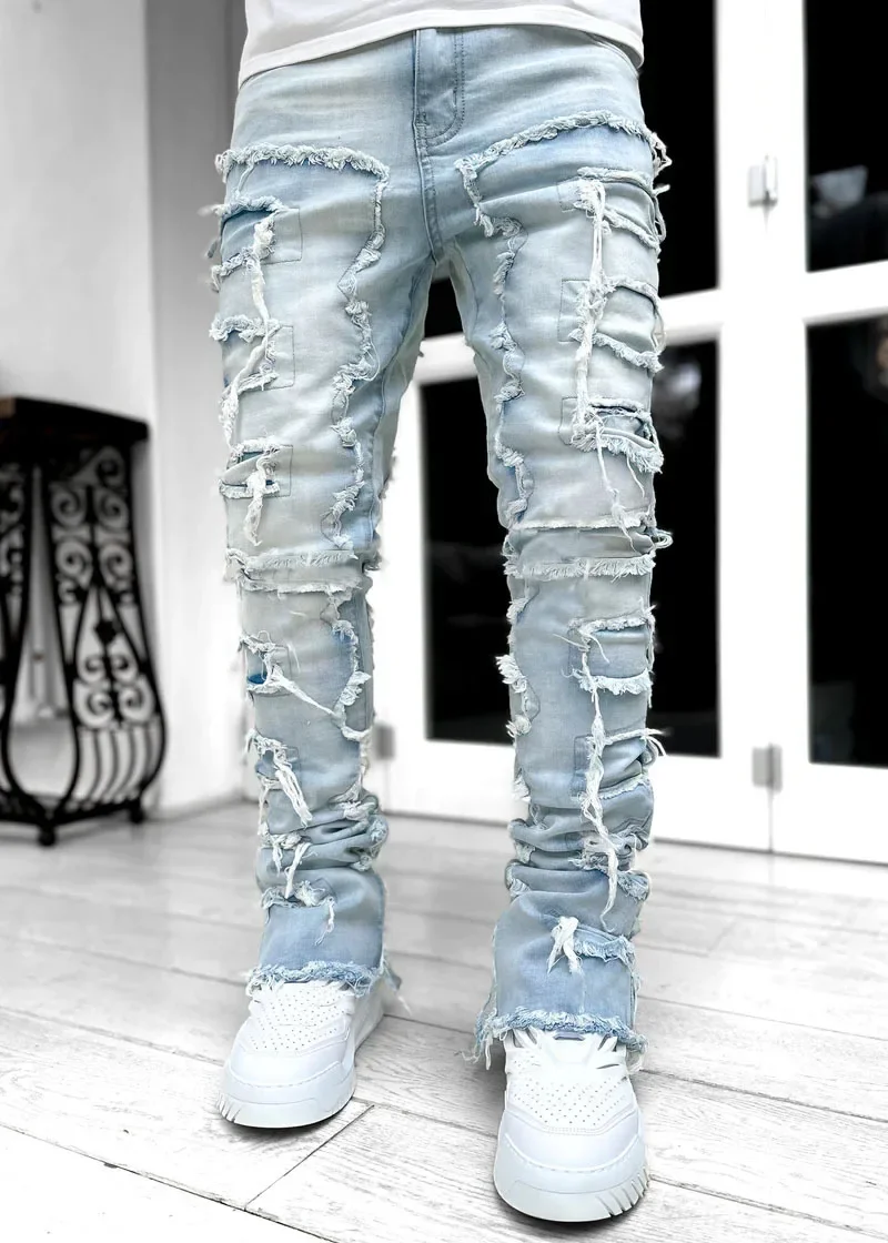 Color: army green, Size: L - Men's Regular Fit Stacked Jeans Ripped Slim Fit Patch Distressed Destroyed Straight Denim Pants Hip Hop Streetwear Trouser Cloth