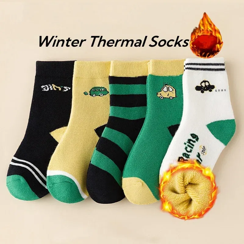 Color: black, Size: 4-6T - Children's Winter Socks 5 Pairs Student's Thick Cotton Socks Boys Warm Winter Socks Cartoon Racing Car Pattern