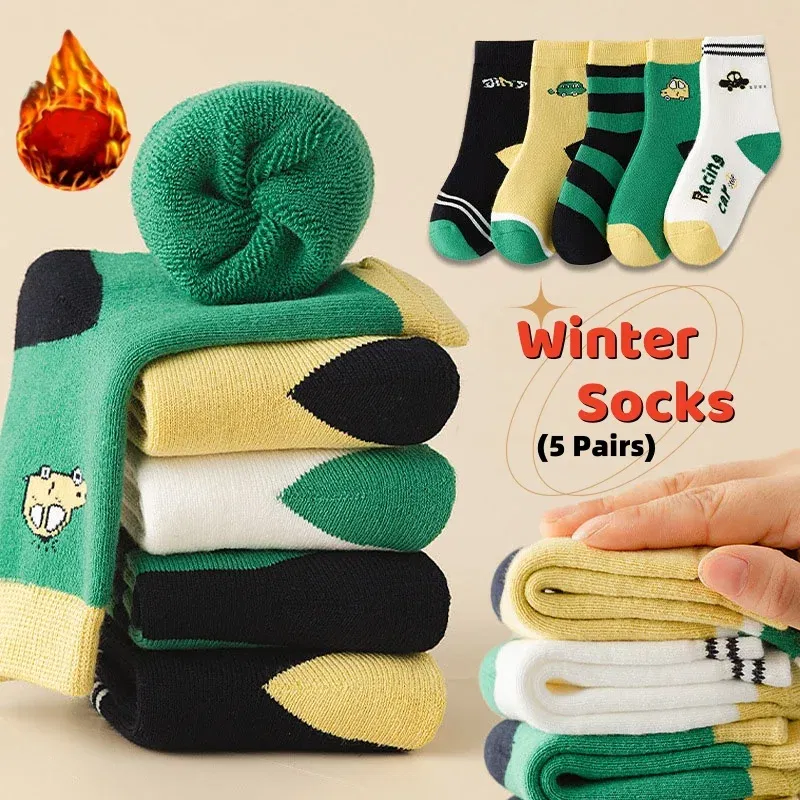 Color: black, Size: 4-6T - Children's Winter Socks 5 Pairs Student's Thick Cotton Socks Boys Warm Winter Socks Cartoon Racing Car Pattern