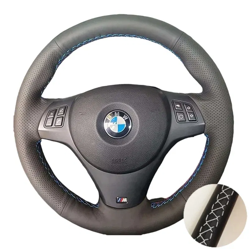 Color Name: light green - Full Black Leather Car Steering Wheel Braid Soft Leather Cover For BMW E81 E90 Pack M Sport M3 E91 E92 E93 E87 E82 E88 X1 E84