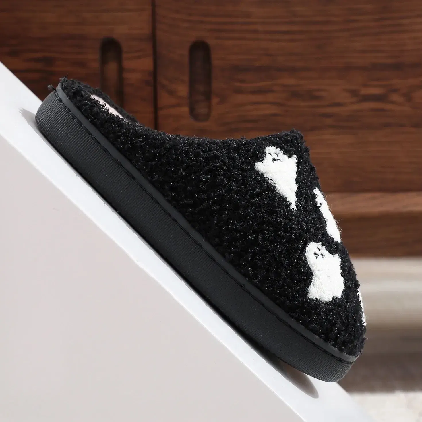 Color: black, Shoe Size: 38 - Halloween Ghost Pattern Black Cotton Slippers Non-slip Thick Sole Lightweight stuffed Slippers Holiday Gift